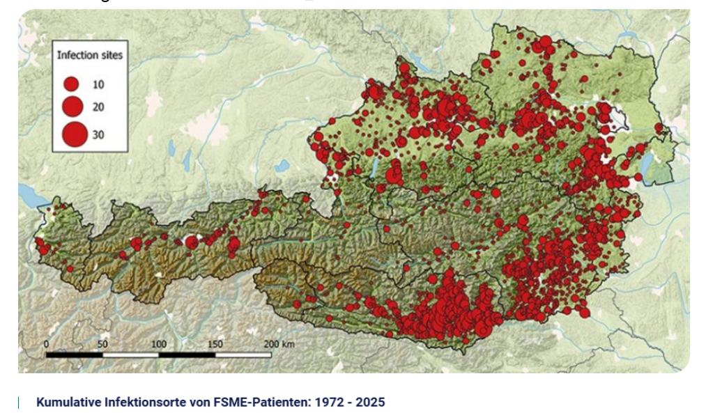Eine Karte, die die Infektions-Hotspots mit FSME in Österreich zeigt.