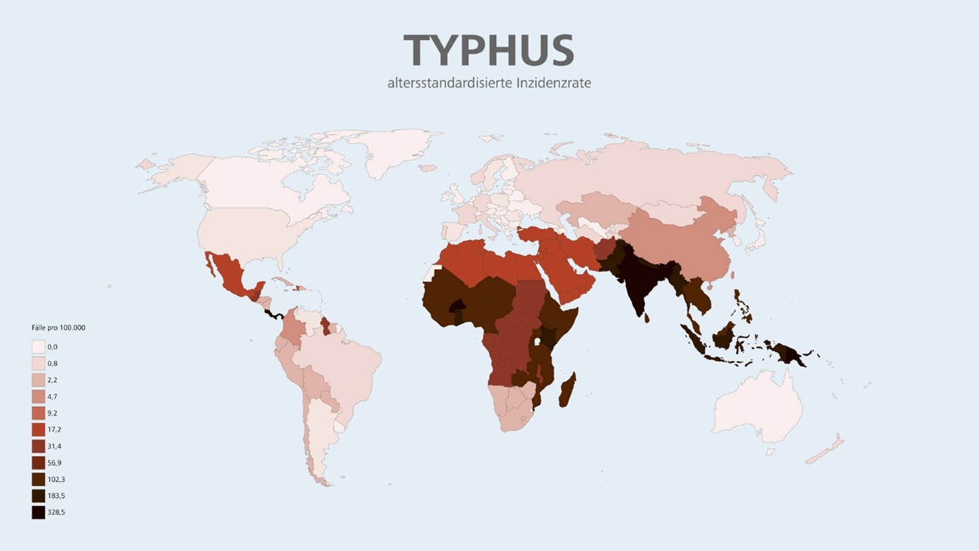 Karte des Typhus-Vorkommens mitaltersstandardisierten Raten (ASR) zum Vergleich verschiedener Bevölkerungsgruppen.