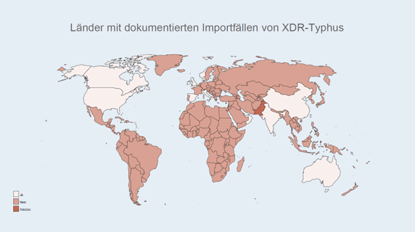 Karte der Länder mit dokumentiertenimportierten XDR-Typhus-Fällen, ausgehend von der Hauptmanifestation in Pakistan. 