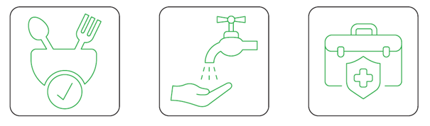 Schematische Abbildung mit Symbolen für präventive Maßnahmen gegen Typhus: Besteck in Schüssel mit Häkchen, Wasserhahn mit Händewaschen und Arzttasche