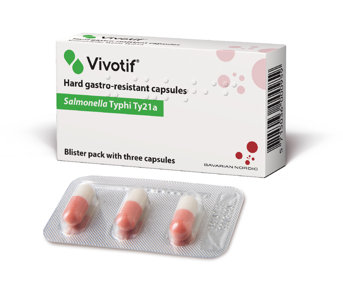 Vivotif&reg; (Typhoid Vaccine Live Oral Ty21a) Capsules pack shot and blister pack